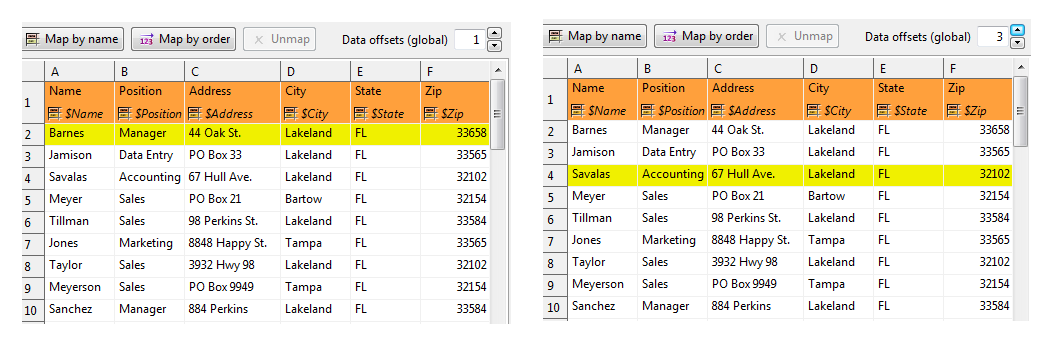 The difference between global data offsets set to 1 (default) and 3. In the right hand figure, reading would start at row 4 (ignoring data in rows 2 and 3).