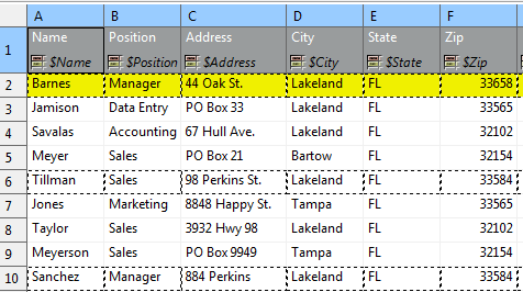 Rows per record is set to 4. This makes SpreadsheetDataReader take 4 Excel rows and create one record out of their cells. Cells actually becoming fields of a record are marked by a dashed border, therefore the record is not populated by all data. Which cells populate a record is also determined by the data offsets setting, see the following bullet point.