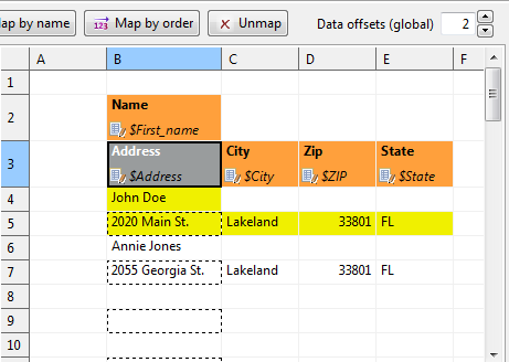 With Rows per record set to 2 in leading cells Name and Address, the component always writes one data row, skips one and then writes again. This way various data does not get mixed (overwritten by the other one). For a successful output, make sure Data offsets is set to 2.