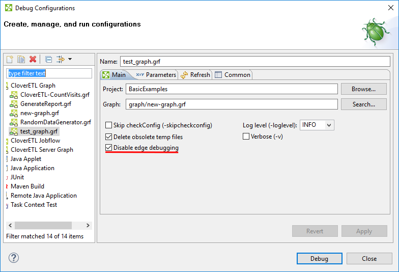 Debugging option in the Debug Configuration window