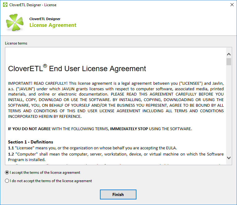 Confirm you accept the license agreement and click Finish button.