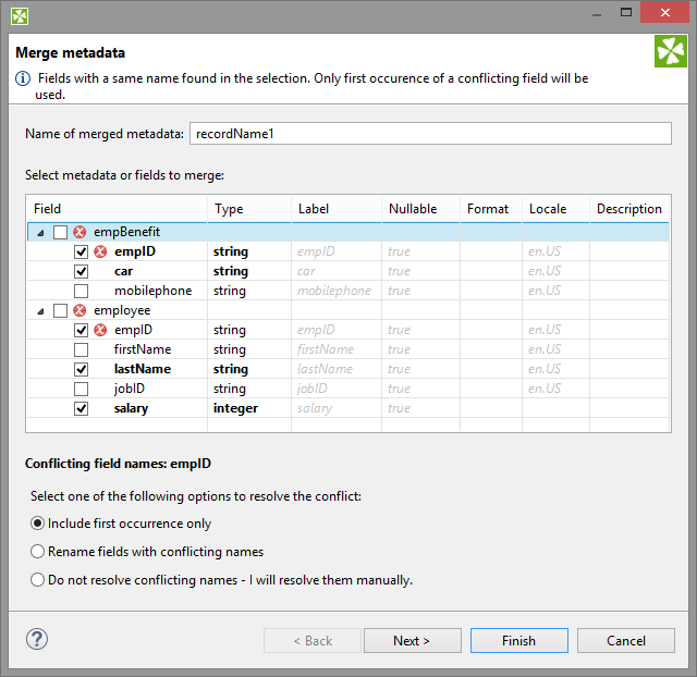 Merging two metadata - conflicts can be resolved in one of the three ways (notice radio buttons at the bottom).