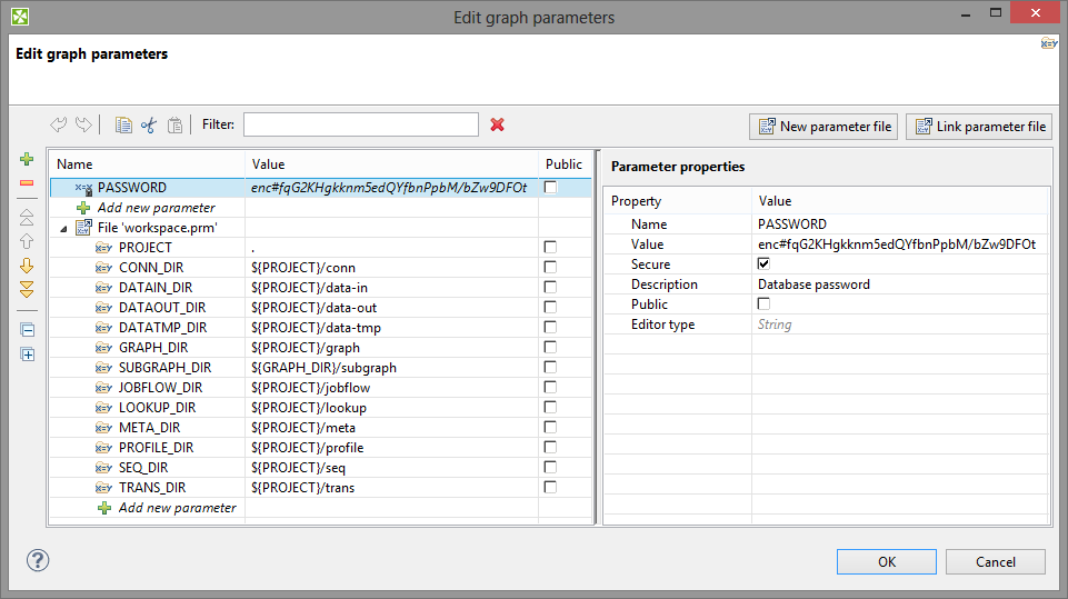 Graph parameters editor with secure attribute