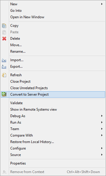 Context Menu with Convert to Server Project option