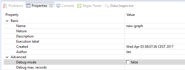 Debug mode in the Properties tab