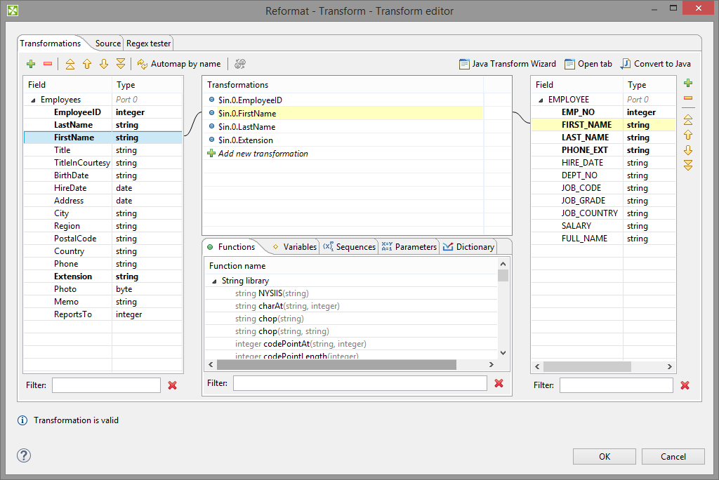 Transformations Tab of the Transform Editor