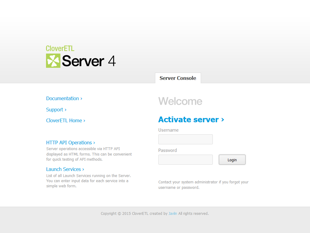 Login page of CloverETL Server without license