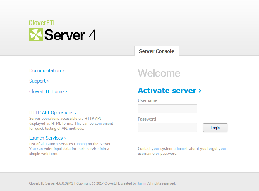 Login page of CloverETL Server without license