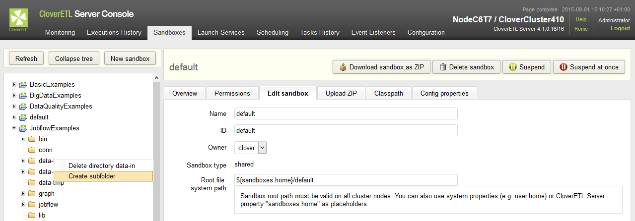 Web GUI - section "Sandboxes" - context menu on folder