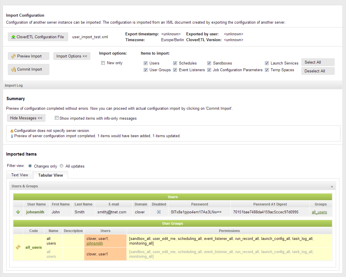 Outcome of import preview for configuration after fixing by removal of broken group reference.