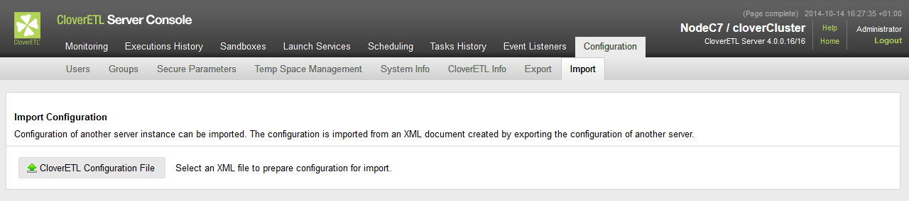 Server Configuration Import screen