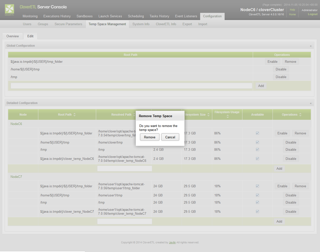 Remove operation asks for confirmation in case there are data present in the temp space