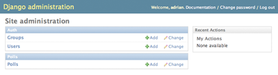 Django admin index page, now with polls displayed