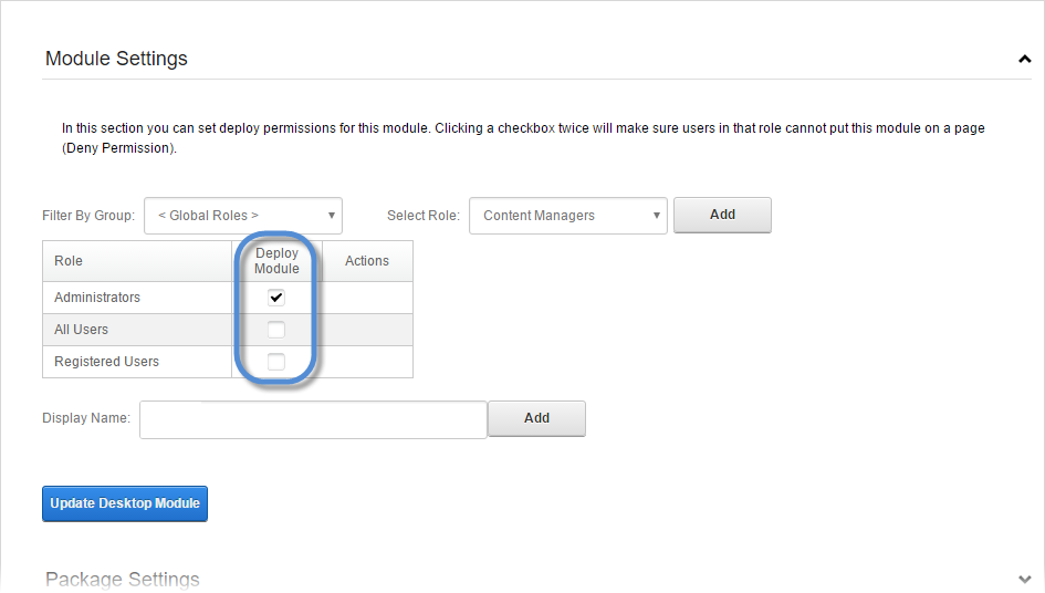 Check Deploy Module box for that role/user.