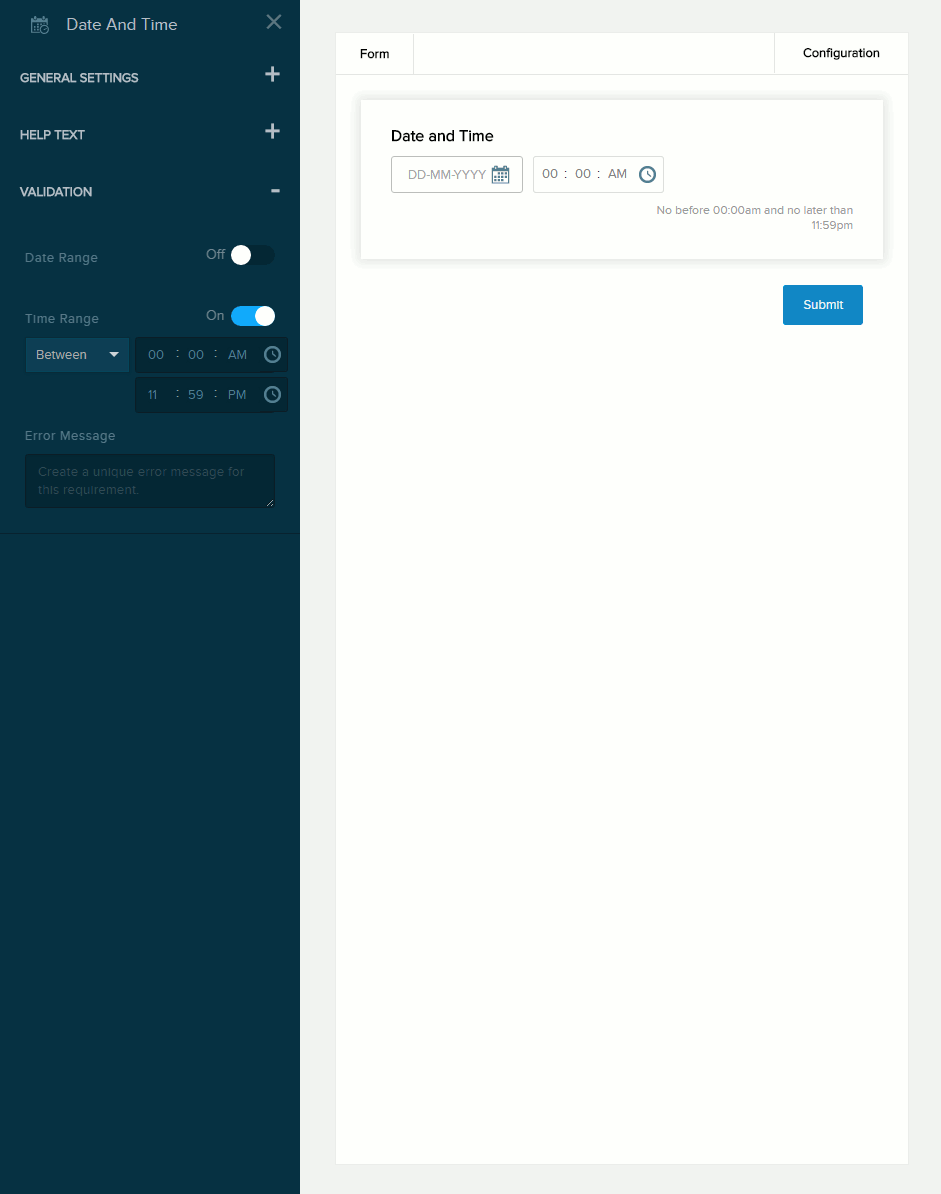 Time validation settings for Date and Time field