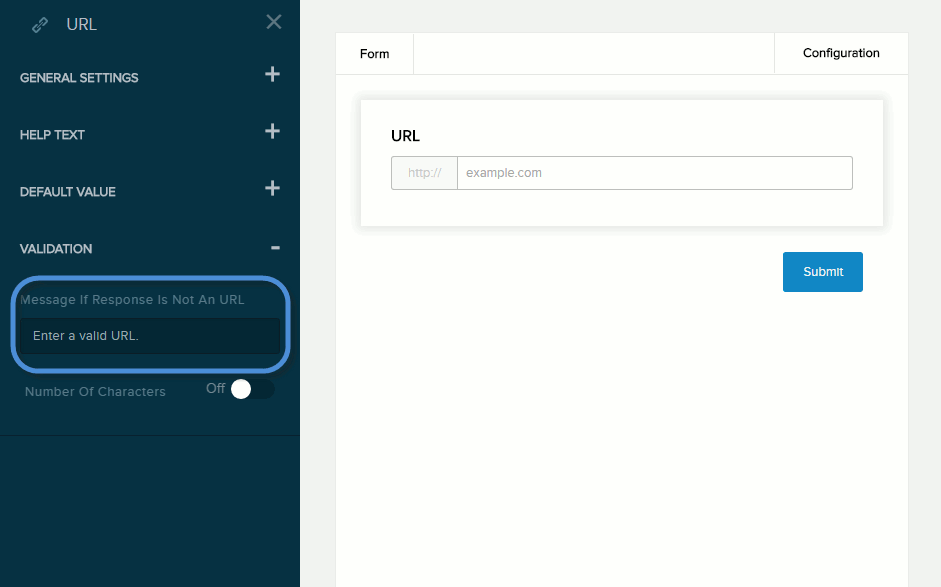 Settings for URL / Website field