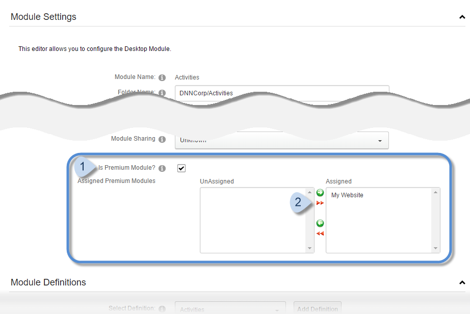 Check Is Premium Module? > then drag websites from Unassigned to Assigned.