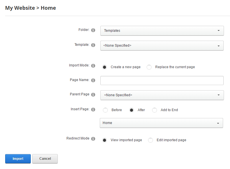 Import Page settings