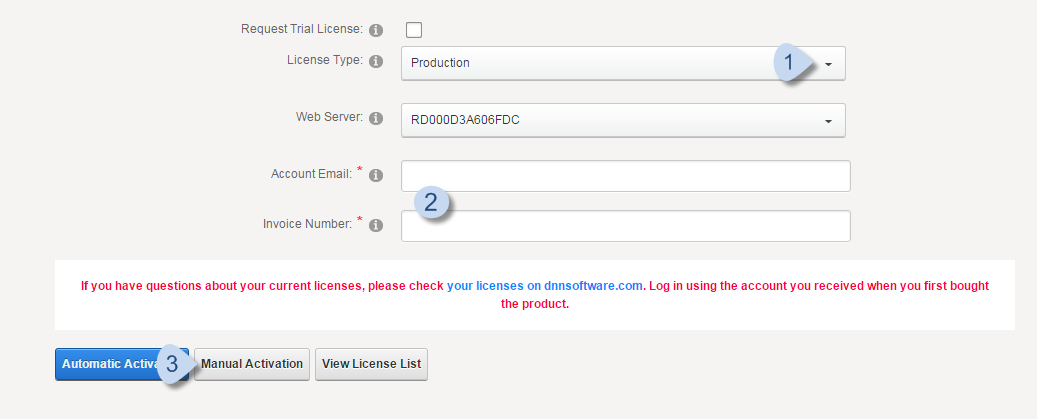 Choose License Type, enter Account Email and Invoice Number, then click Manual Activation.