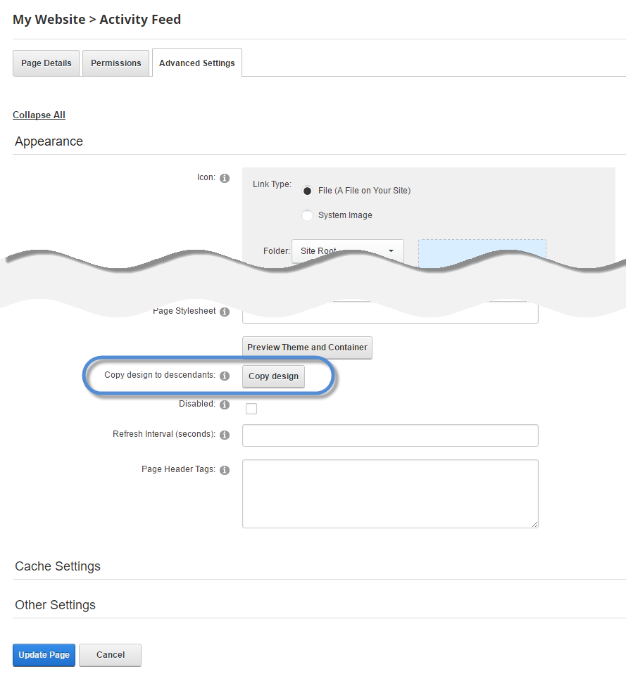 Advanced Settings > Copy design to descendants > Copy design