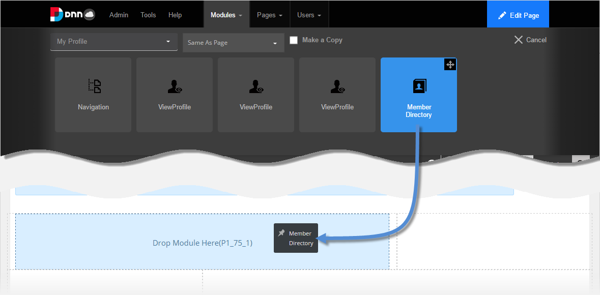 Drag module to pane.