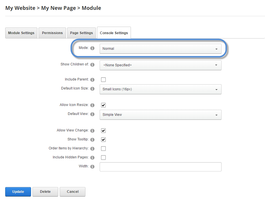 Module Settings — Console — Mode Normal