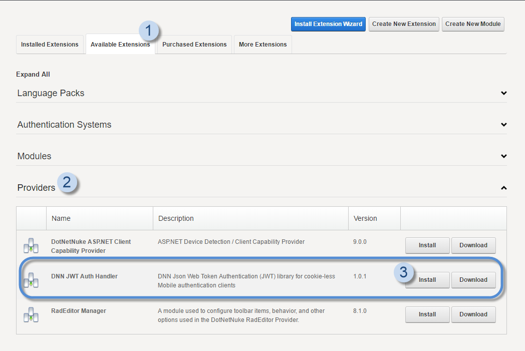 Available Extensions > Providers > DNN JWT Auth Handler > Install