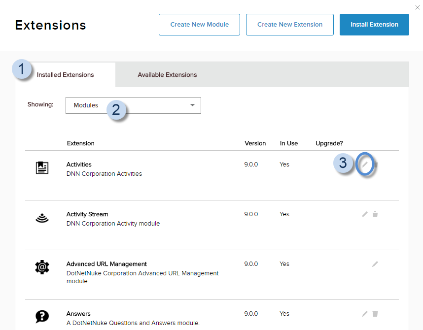 Installed Extensions tab > Showing: Modules > click/tap the pencil icon for the module to edit.