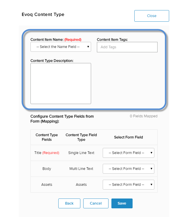 Form Configuration - Data Collection - Evoq Content Type - Fill in the content item information.