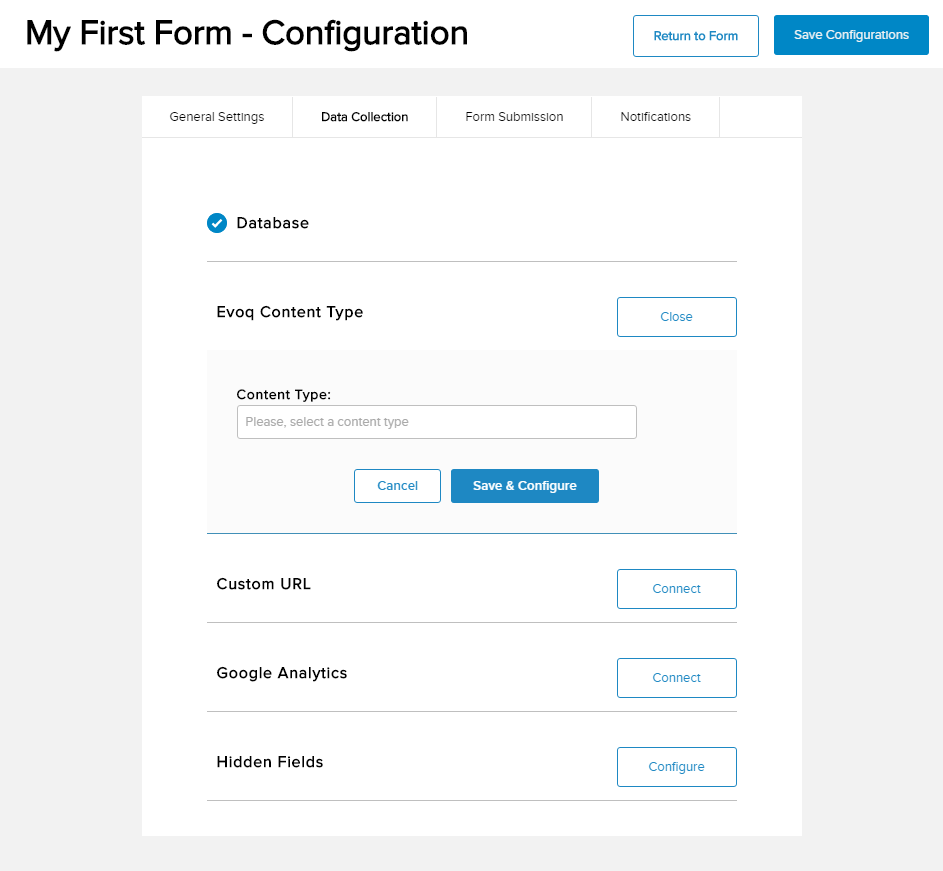 Form Configuration - Data Collection - Evoq Content Type - Content Type, then Save & Configure