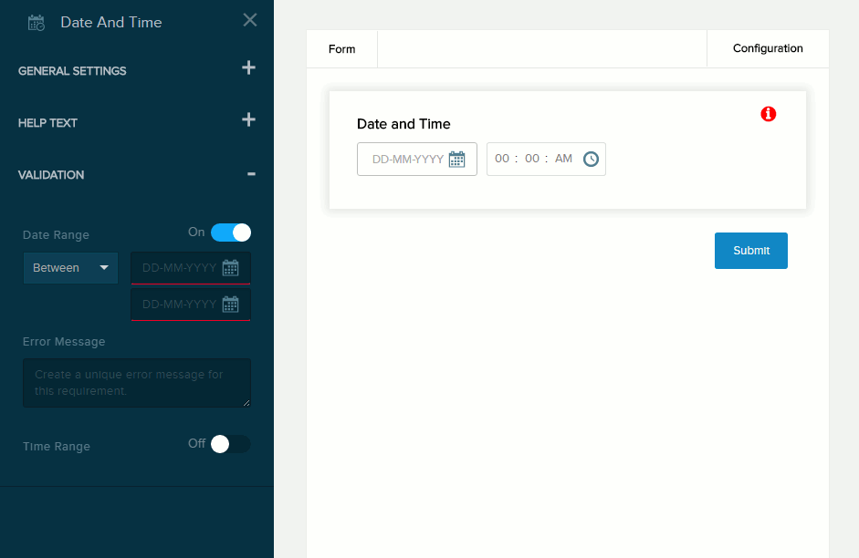 Date validation settings for Date and Time field