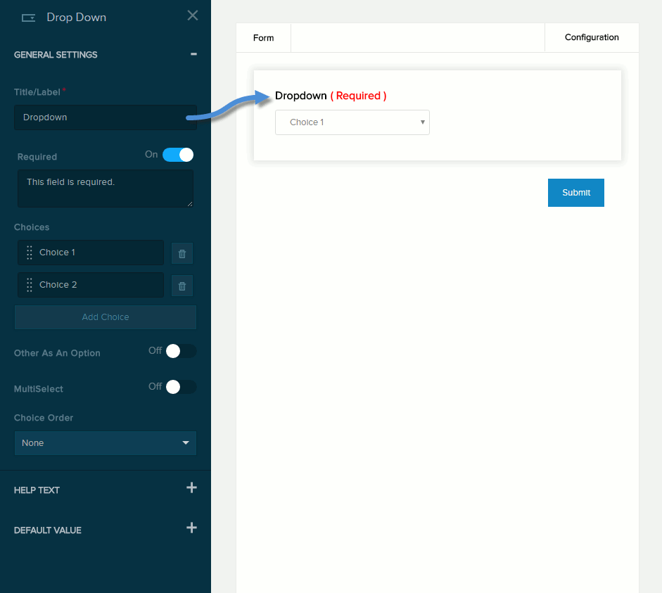 Settings for Dropdown field