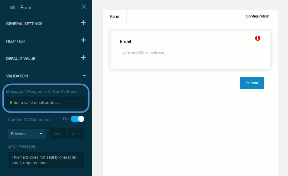 Settings for Email field