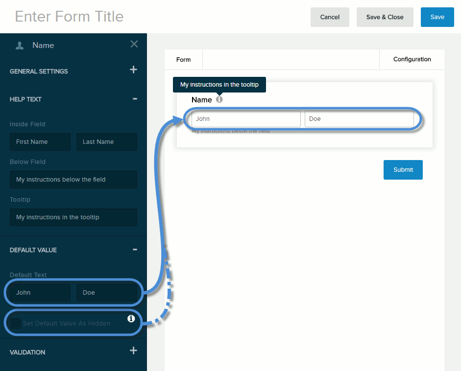 Settings for Name field