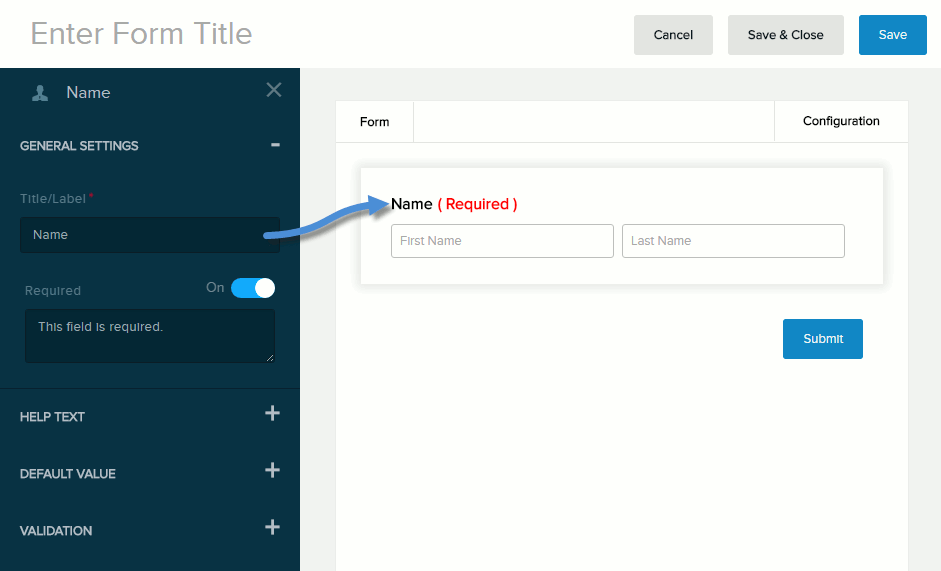 Settings for Name field