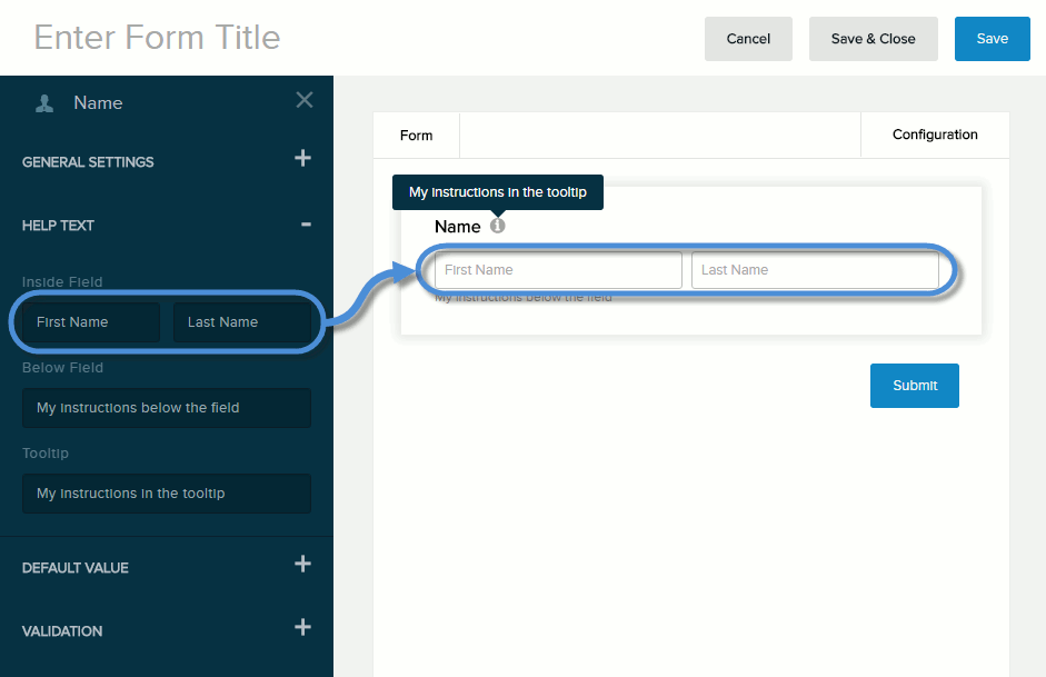 Settings for Name field