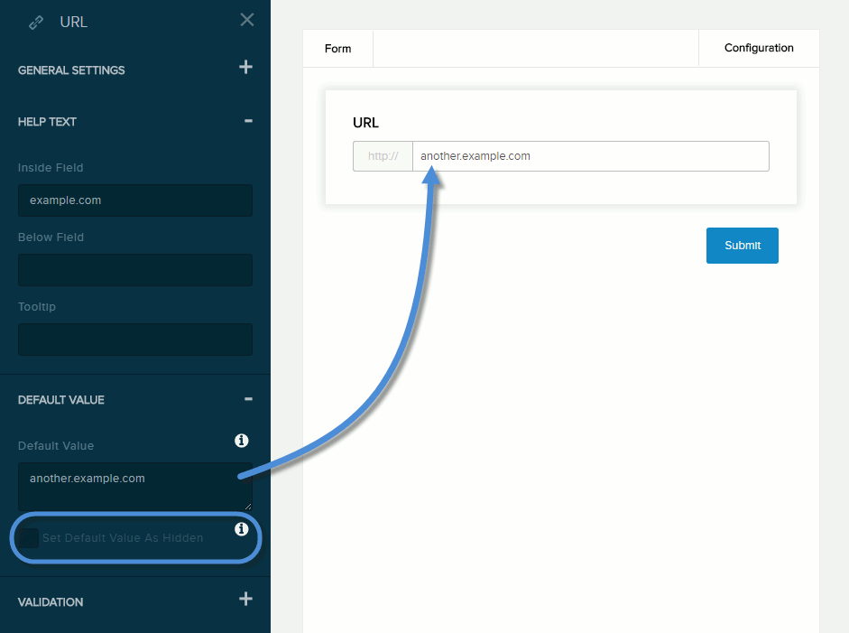 Settings for URL / Website field