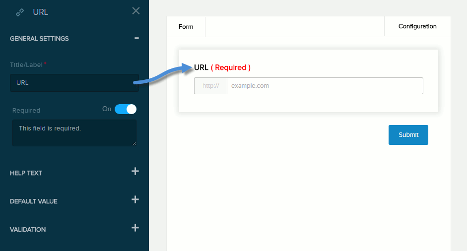 Settings for URL / Website field