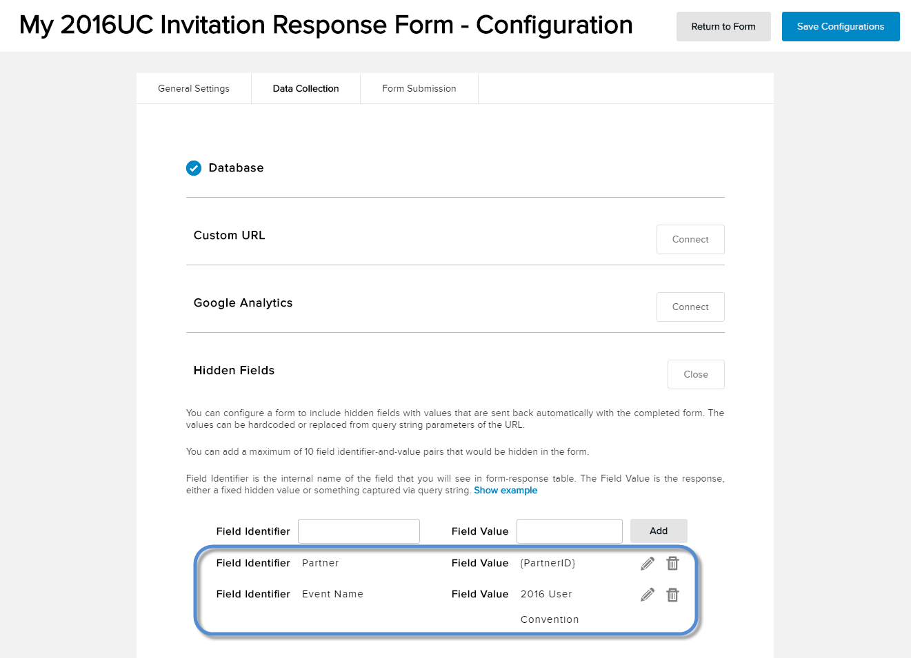 Example - Configure the hidden fields.