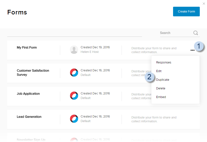 Click/Tap the ellipses for the form > Duplicate