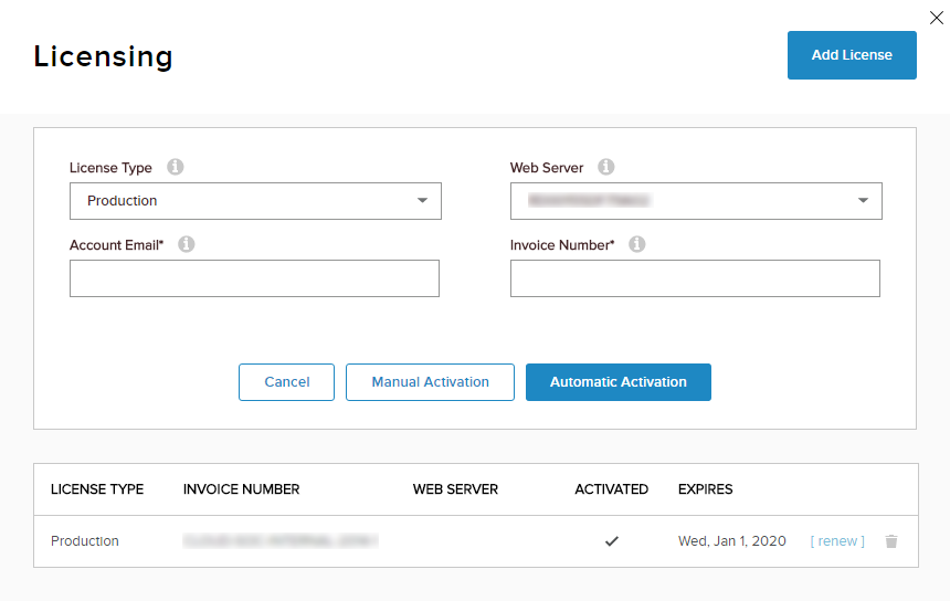 Choose License Type, enter Account Email and Invoice Number, then click Automatic Activation.