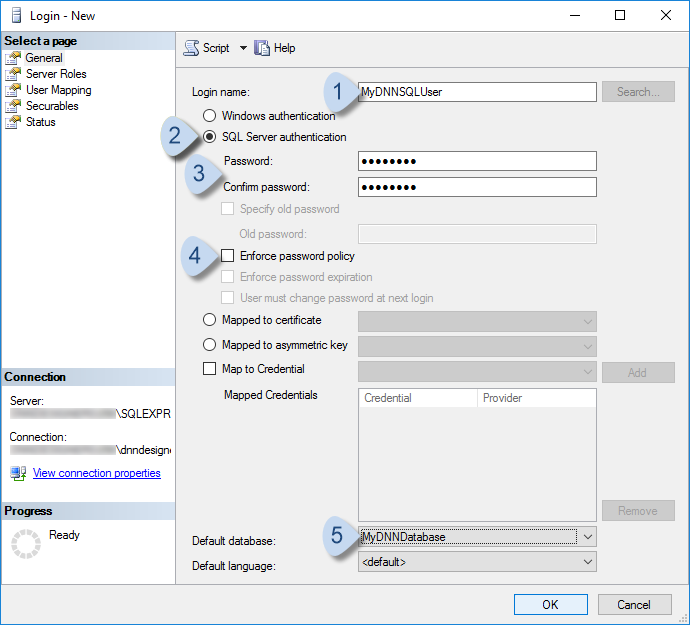 Choose SQL Server authentication. Uncheck Enforce password policy.