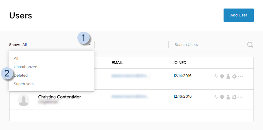 User List > Show dropdown > Deleted