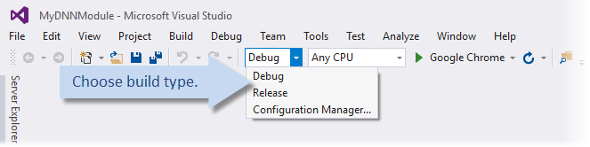 Visual Studio build type dropdown