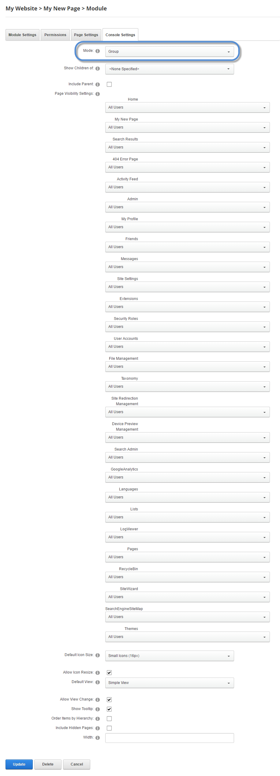 Module Settings — Console — Mode Group