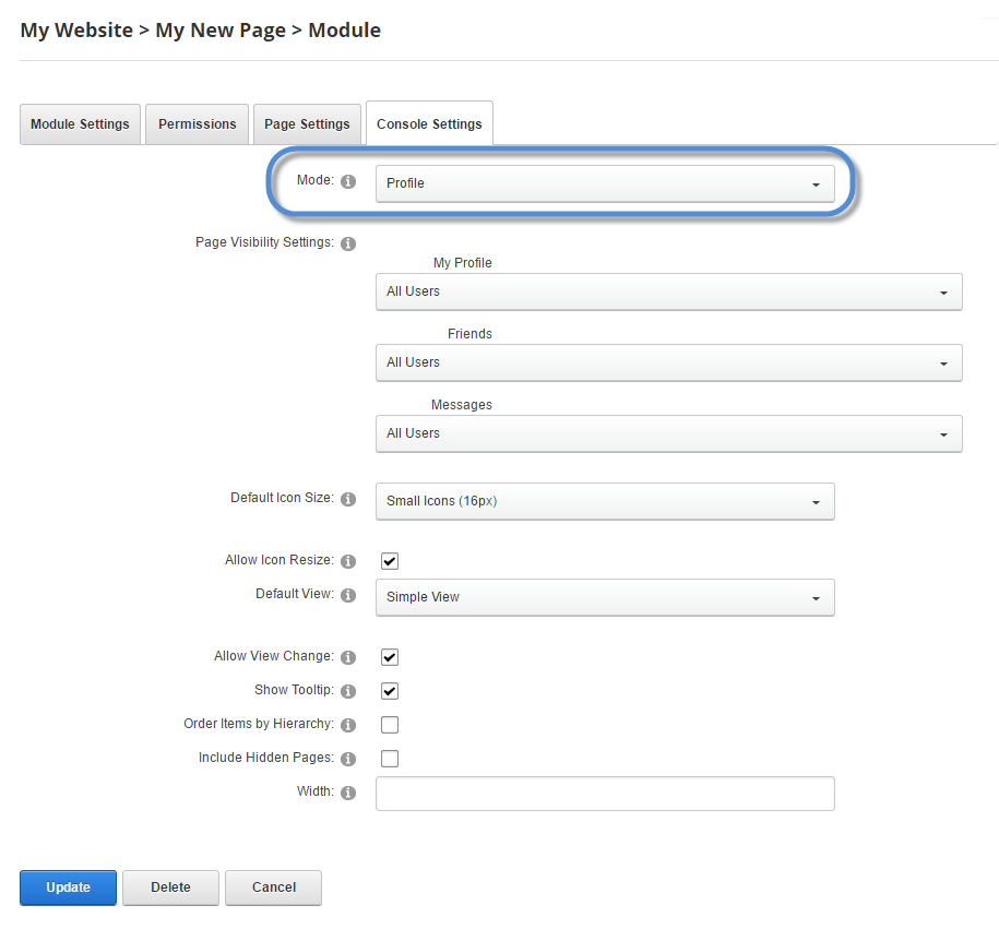 Module Settings — Console — Mode Profile