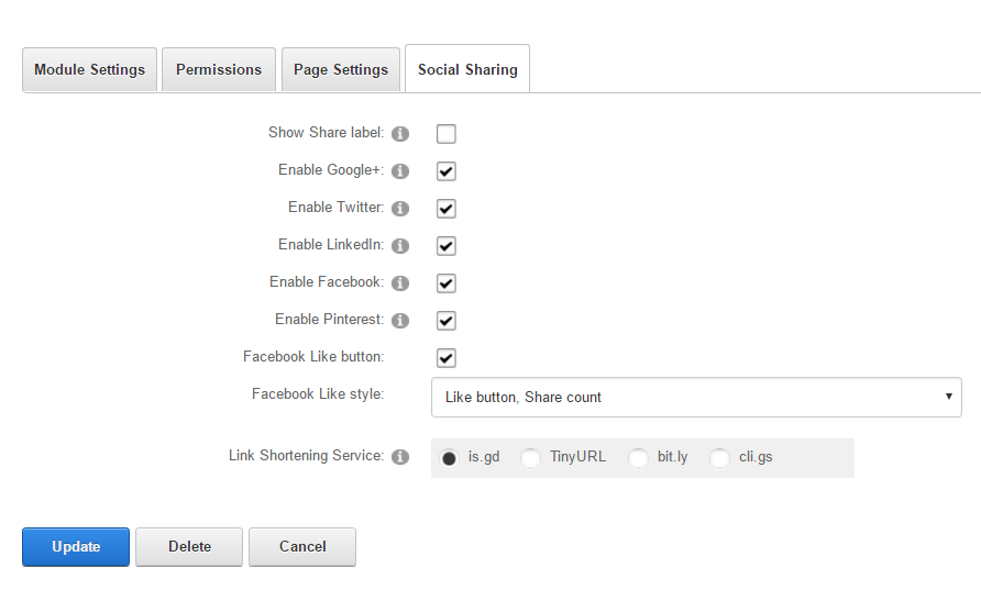 Module Settings — Social Sharing