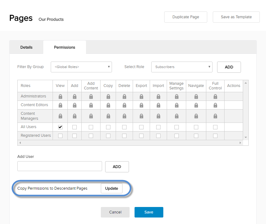 Pages > Permissions tab > Copy Permissions to Children