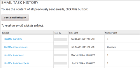 A tabular list of sent messages, with columns for subject, sent by, time sent, and number sent.