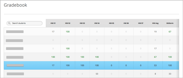 Course gradebook with rows for learners and columns for assignment types.